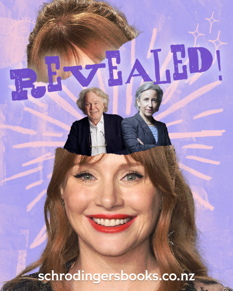 Graphic of actor, Bryce Dallas Howard's head opening to reveal two authors, beneath text reading 'Revealed'.