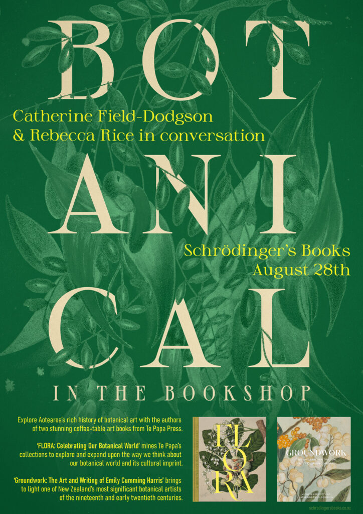 Poster design. Light text over a green background, intertwined with a vintage botanical illustration.