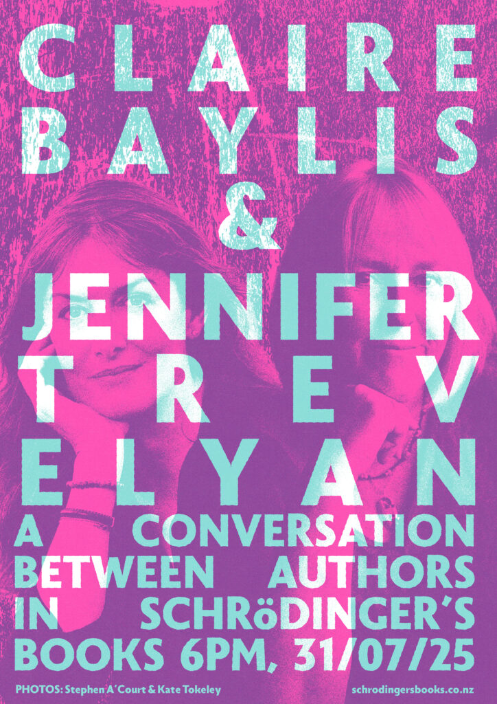 Poster design: Blue text on a pink background, "Claire Baylis & Jennifer Trevelyan, a conversation between authors"