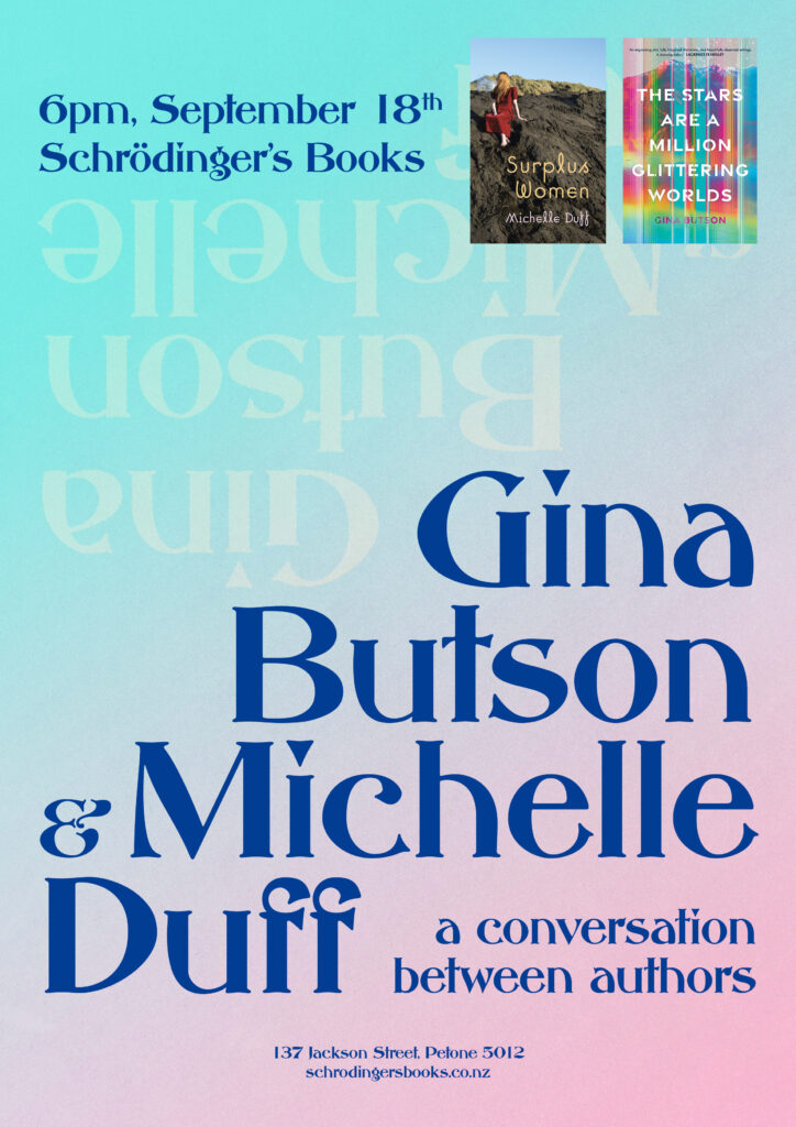 Pink and blue poster design, with decorative text that reads "Gina Butson & Michelle Duff, a conversation between authors"