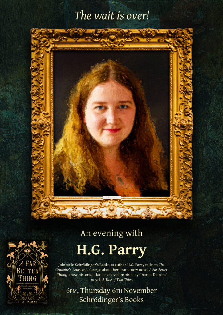 Vinage-inspired poster design. "An evening with H.G. Parry", accompanied by a stylised, oil-painting like portrait of the author, a woman with red hair, in an ornate gold frame.