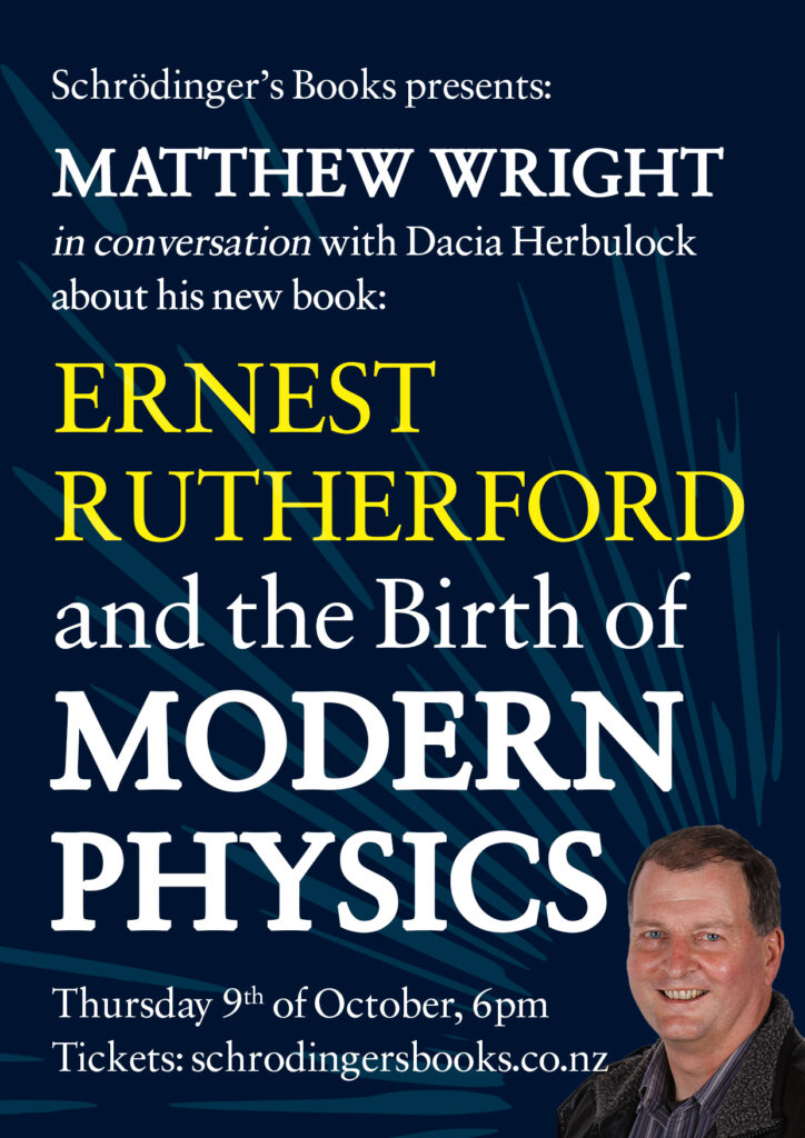 Largely blue poster design with white text and yellow accents. A portrait of a middle-aged man is in the bottom right corner.