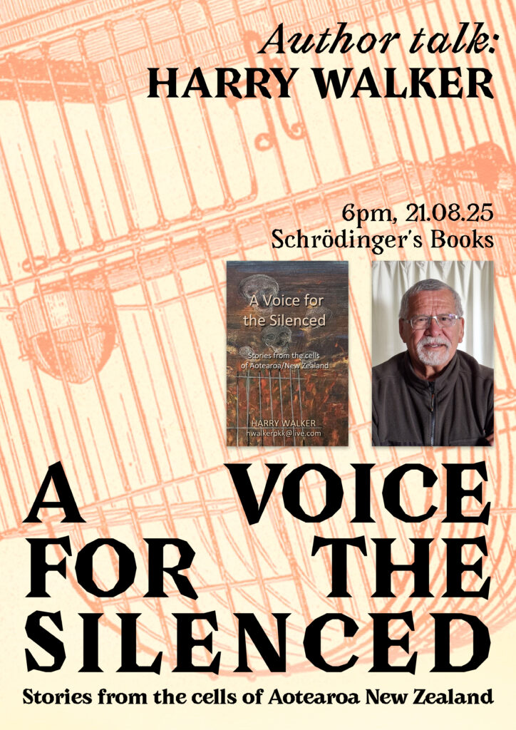 "Author talk: Harry Walker - a voice for the silenced". Off-white poster design with black serif text over a faded red image of a birdcage.