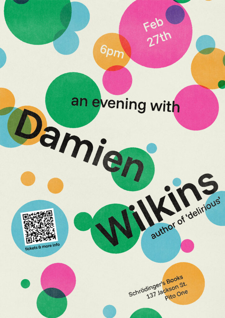 A poster design made up of colourful polka dots of various sizes and black text on off-kilter angles.

