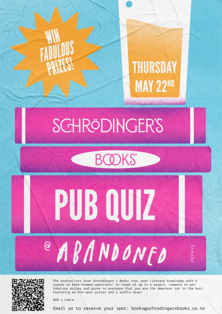 A brightly coloured poster, a cartoon pint glass sits utop a pile of books. Overlayed is the text "Schrödinger's Books Pub Quiz at Abandoned Taproom"