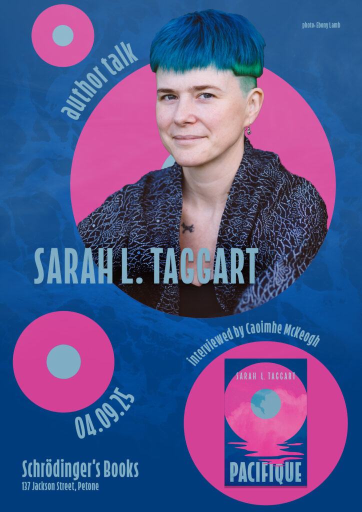 Blue and pink poster design, with pink circles, surrounded by light blue text.