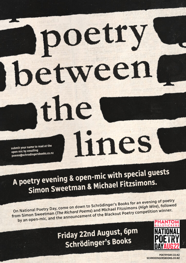 Black and white poster design. Close up on a book page with most of the words redacted in black ink. The words that remain read: poetry between the lines.