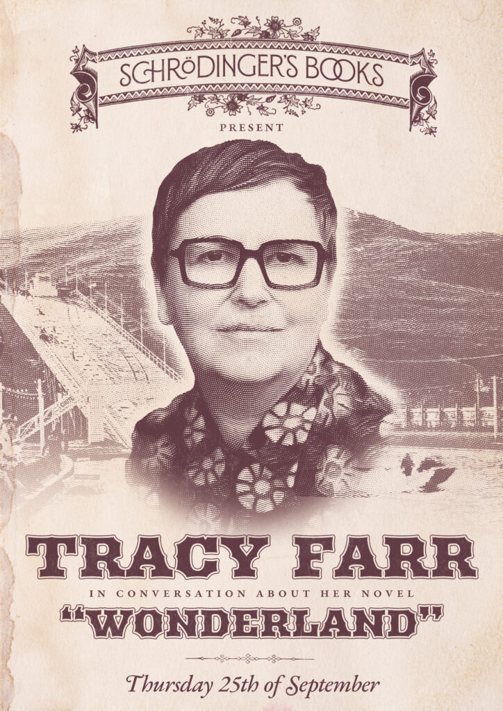 Vintage, sepia-toned poster with western type. A portrait of a woman with short hair and glasses overlayed on an image of an early 20th century theme park.