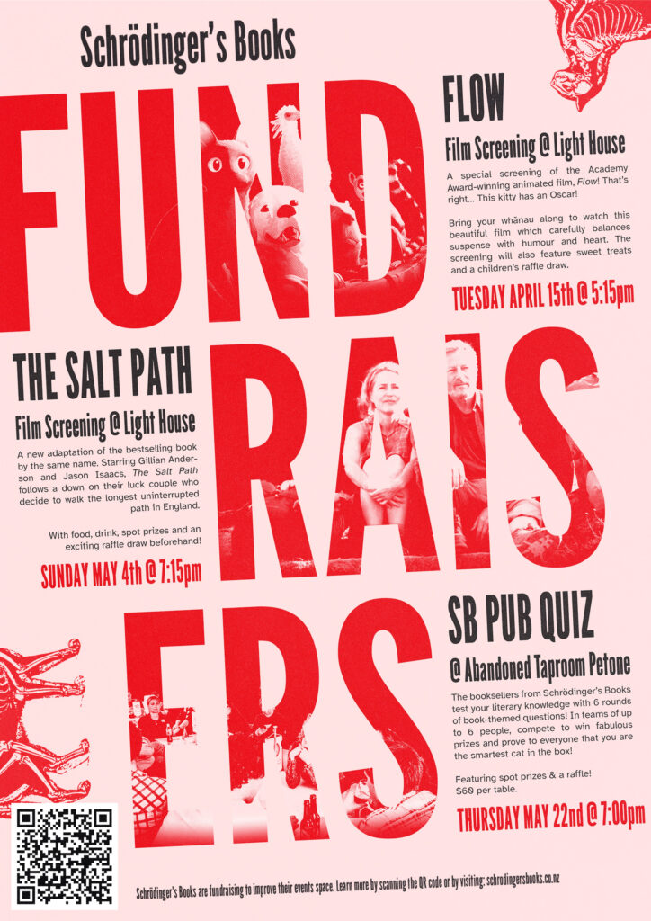 Pink and red poster design, with details of three different funraising events.